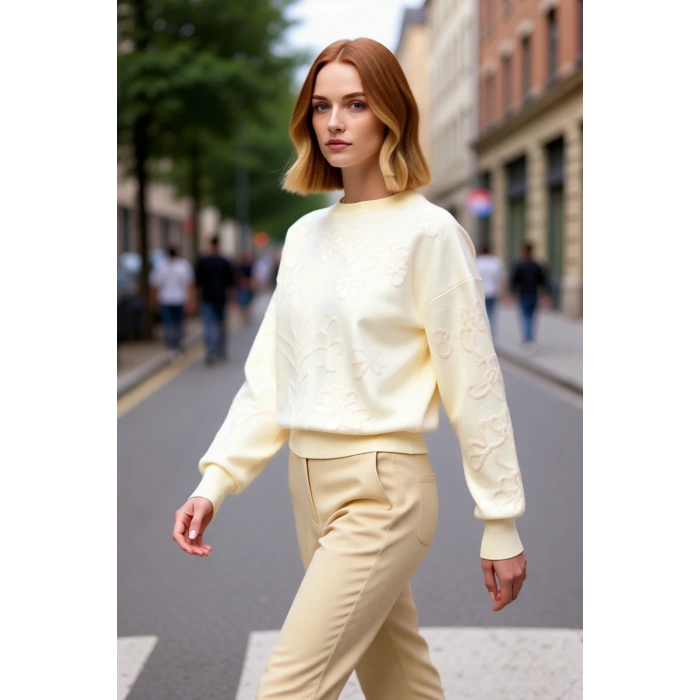 Kadın Ekru Çiçek Dokulu Regular Kesim Bisiklet Yaka Triko Kazak Kış Günleri İçin Konforlu Stil