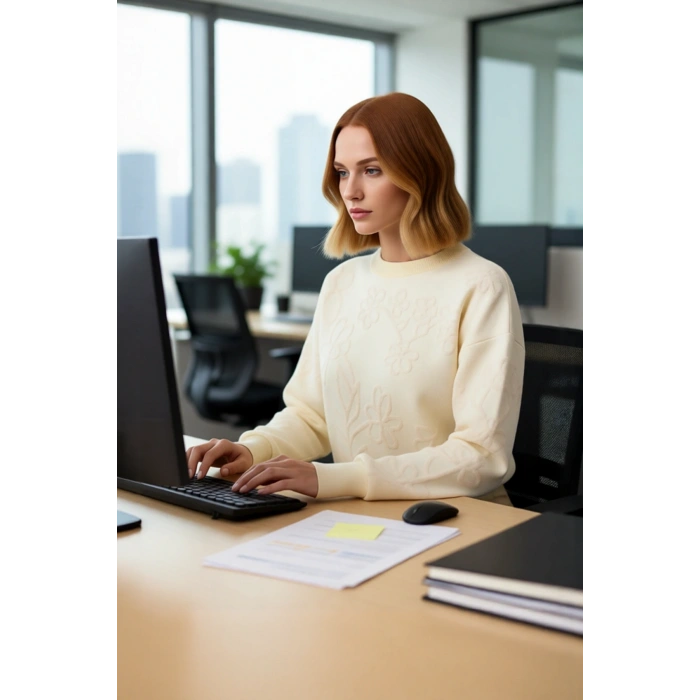 Kadın Ekru Çiçek Dokulu Regular Kesim Bisiklet Yaka Triko Kazak Kış Günleri İçin Konforlu Stil