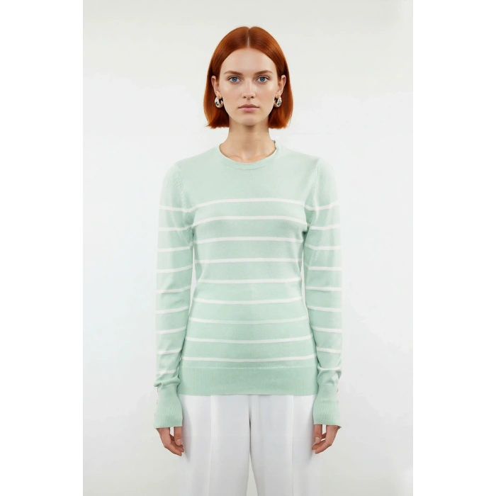 Kadın Ekru Çizgili Bisiklet Yaka Fitted Kesim İnce Triko Kazak İlkbahar Sonbahar Şıklığı Kaliteli