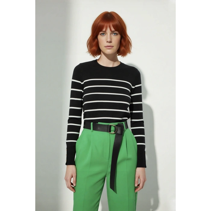 Kadın Ekru Çizgili Bisiklet Yaka Fitted Kesim İnce Triko Kazak İlkbahar Sonbahar Şıklığı Kaliteli