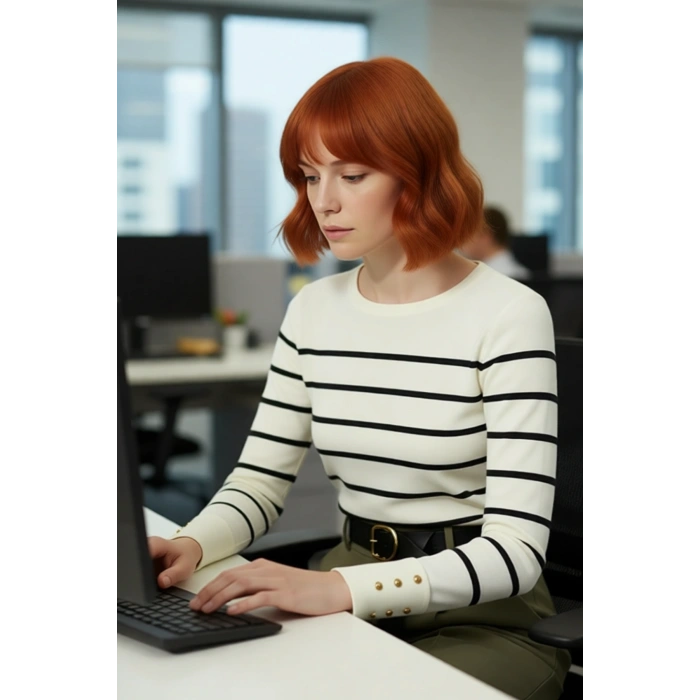 Kadın Ekru Çizgili Bisiklet Yaka Fitted Kesim İnce Triko Kazak İlkbahar Sonbahar Şıklığı Kaliteli