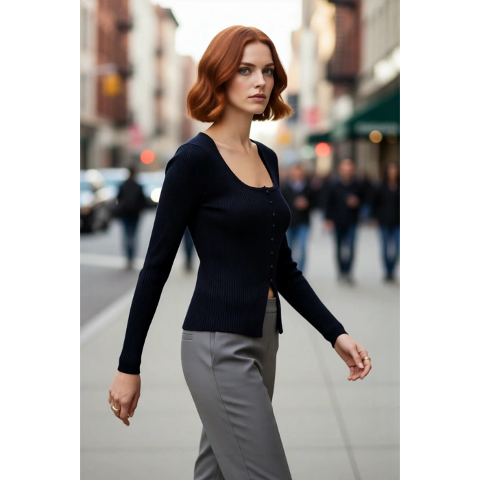 Kadın Ekru Çizgili Kare Yaka Fitted Uzun Kol Triko Body %100 Akrilik Sonbahar Şıklığı Kaliteli