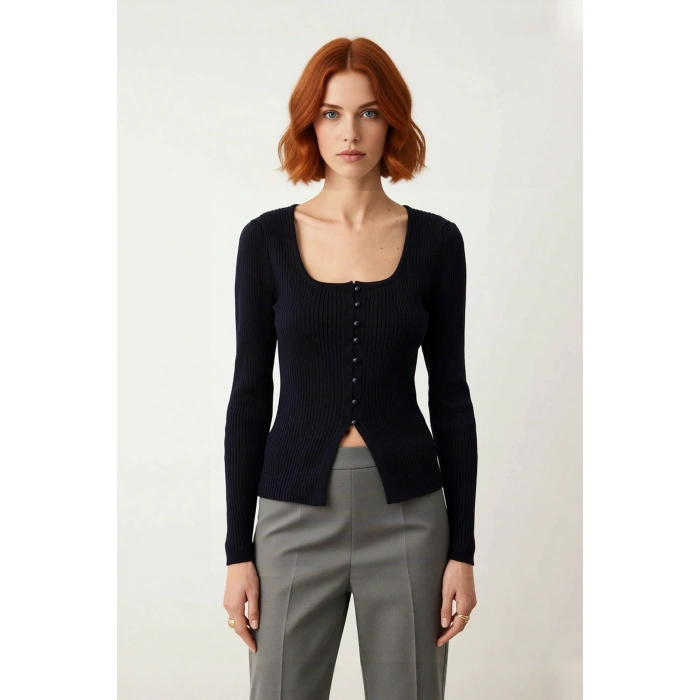 Kadın Ekru Çizgili Kare Yaka Fitted Uzun Kol Triko Body %100 Akrilik Sonbahar Şıklığı Kaliteli