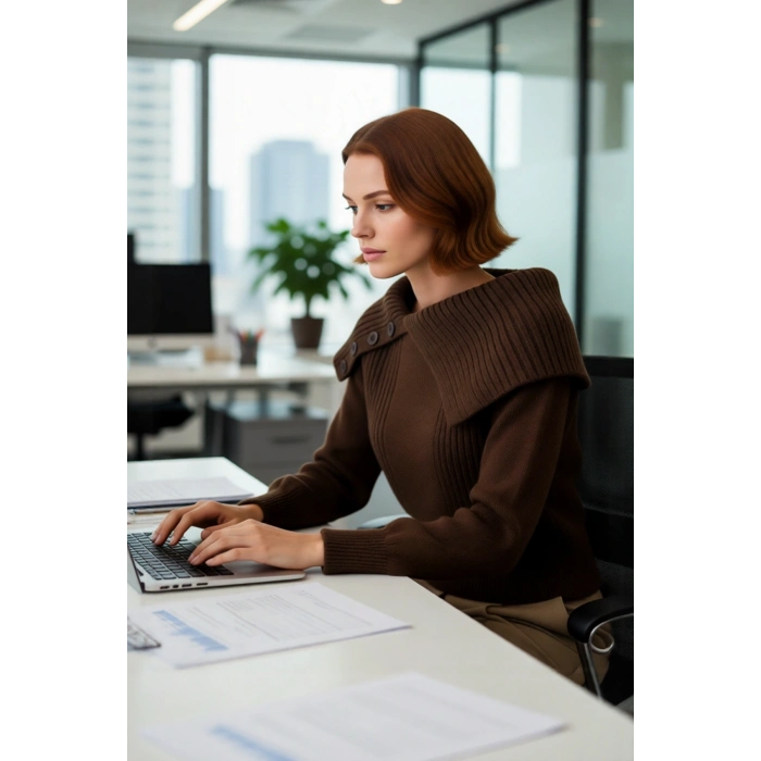Kadın Ekru Devrik Yakalı Regular Kalıp Akrilik Triko Kazak Uzun Kollu Kışlık Şık Ve Rahat Giyim İçin