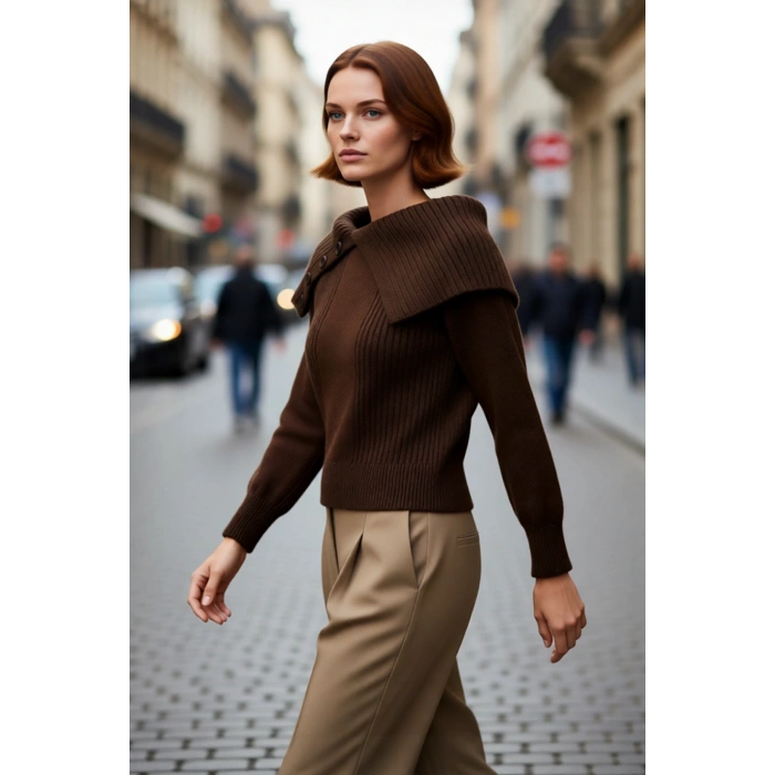 Kadın Ekru Devrik Yakalı Regular Kalıp Akrilik Triko Kazak Uzun Kollu Kışlık Şık Ve Rahat Giyim İçin