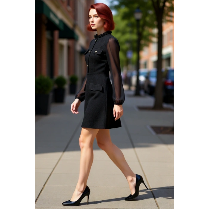 Kadın Ekru Dik Yaka Dokuma Tüvit Skater Mini Elbise Balon Kol Detaylı Casual Şık Tasarım Kaliteli