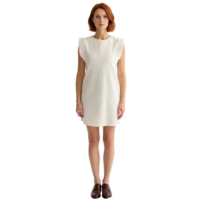 Kadın Ekru Dokuma Tüvit A Kesim Shift Kalıp Kolsuz Mini Elbise Şık Omuz Detaylı Cool Comfort
