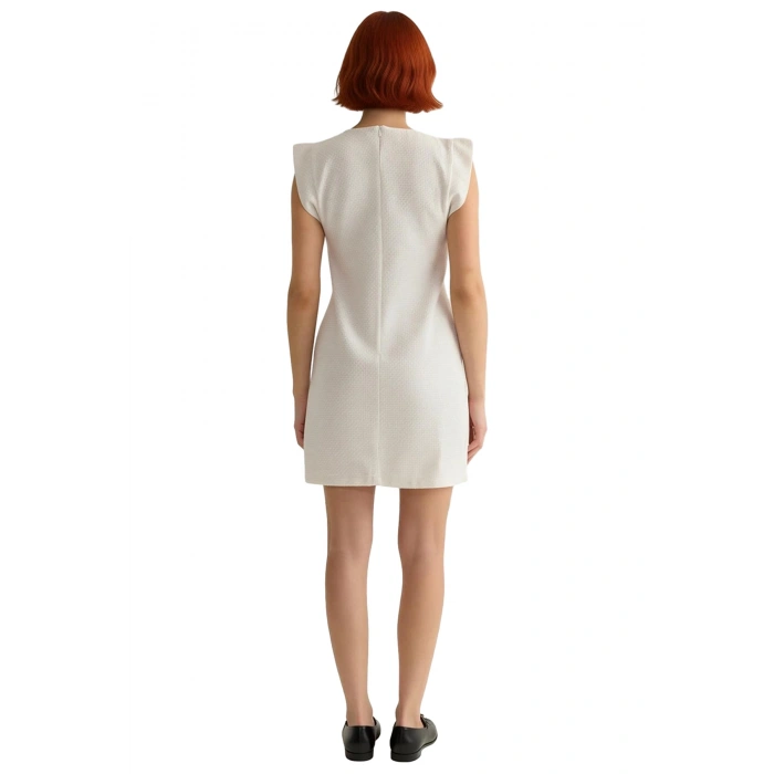 Kadın Ekru Dokuma Tüvit A Kesim Shift Kalıp Kolsuz Mini Elbise Şık Omuz Detaylı Cool Comfort