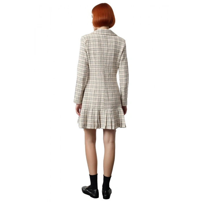 Kadın Ekru Ekose Ceket Yaka %100 Pamuk Tüvit Dokuma Elbise Ofis Tarzı Uzun Kollu Kış Şıklığı