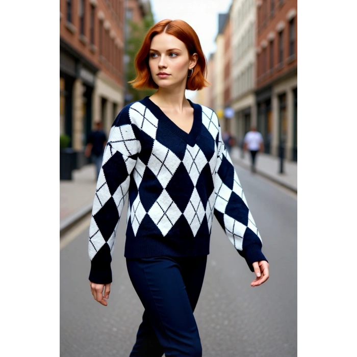 Kadın Ekru Gri Baklava Desen V Yaka Oversize Triko Kazak Kış Sezonu Günlük Stilinize Sıcak Dokunuş