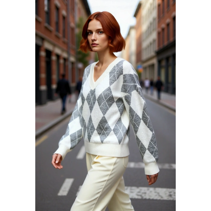 Kadın Ekru Gri Baklava Desen V Yaka Oversize Triko Kazak Kış Sezonu Günlük Stilinize Sıcak Dokunuş