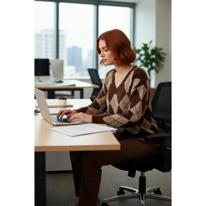 Kadın Ekru Gri Baklava Desen V Yaka Oversize Triko Kazak Kış Sezonu Günlük Stilinize Sıcak Dokunuş