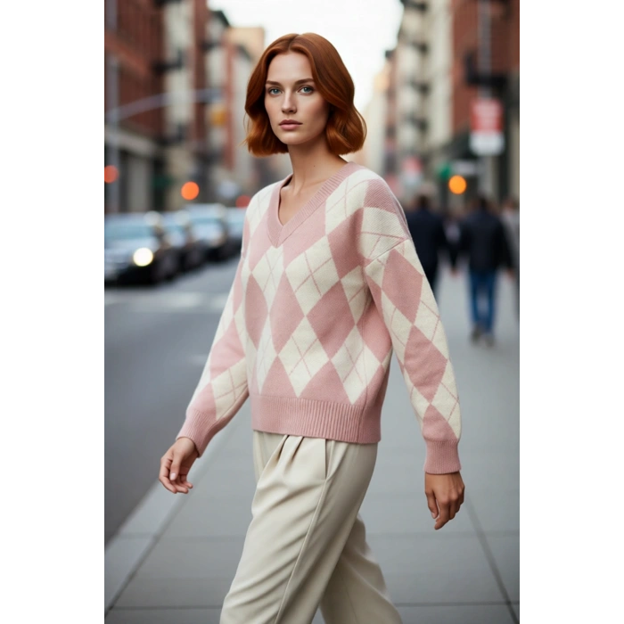 Kadın Ekru Gri Oversize V Yaka Baklava Desen Düşük Kol Kalın Triko Kazak Kışlık Kombinlerinize