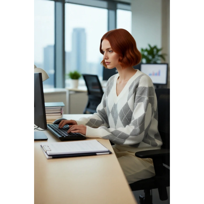 Kadın Ekru Gri Oversize V Yaka Baklava Desen Düşük Kol Kalın Triko Kazak Kışlık Kombinlerinize
