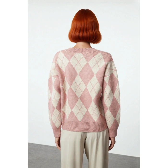 Kadın Ekru Gri Oversize V Yaka Baklava Desen Düşük Kol Kalın Triko Kazak Kışlık Kombinlerinize