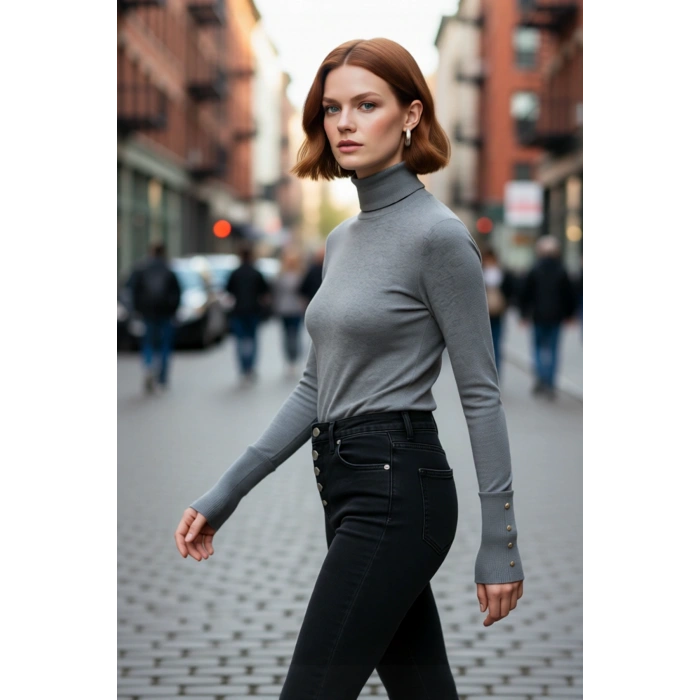 Kadın Ekru İnce Balıkçı Yaka Fitted Kalıp Triko Kazak İlkbahar Sonbahar Günlük Şıklığı Kaliteli