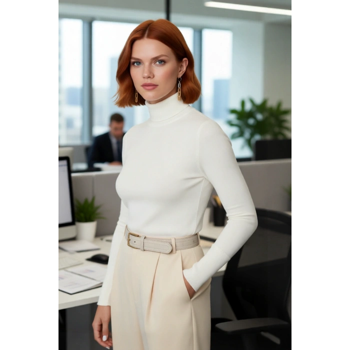 Kadın Ekru İnce Balıkçı Yaka Fitted Kalıp Triko Kazak İlkbahar Sonbahar Günlük Şıklığı Kaliteli