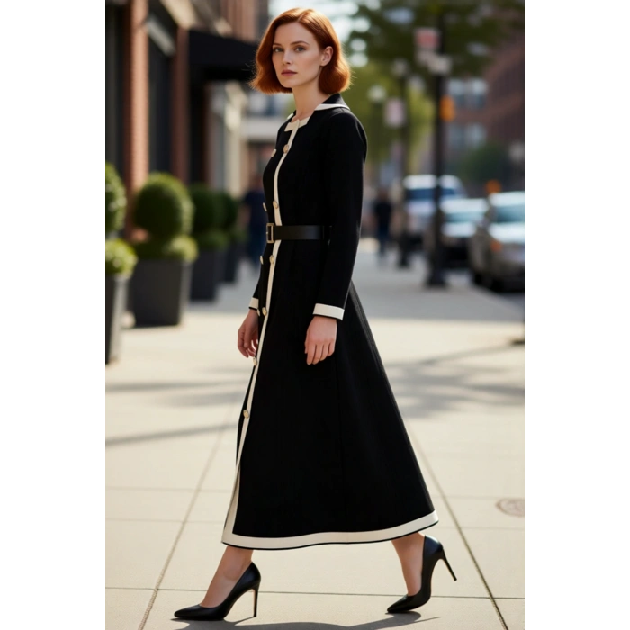 Kadın Ekru Kemerli Ceket Yaka Düz Uzun Kollu Triko Maxi Elbise Akrilik Kış Koleksiyonu Şıklığı