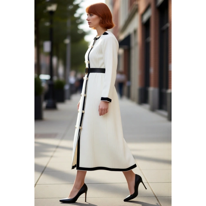 Kadın Ekru Kemerli Ceket Yaka Düz Uzun Kollu Triko Maxi Elbise Akrilik Kış Koleksiyonu Şıklığı