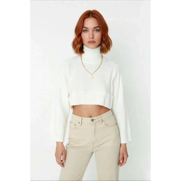 Kadın Ekru Oversize Dik Yaka Triko Kazak Basic Düşük Kol Uzun Boy Kışlık Günlük Şıklık Kaliteli