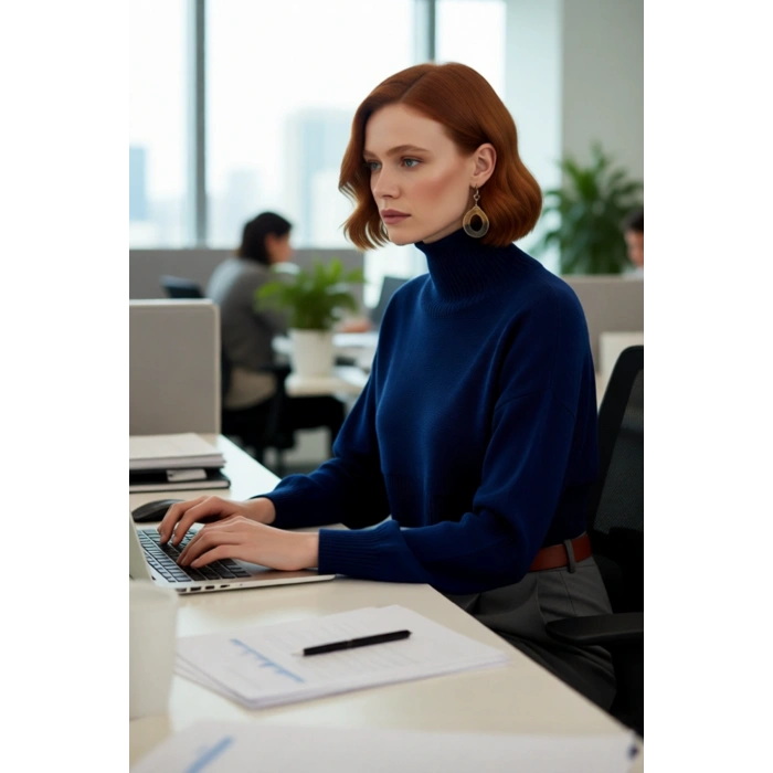 Kadın Ekru Oversize Dik Yaka Triko Kazak Basic Düşük Kol Uzun Boy Kışlık Günlük Şıklık Kaliteli