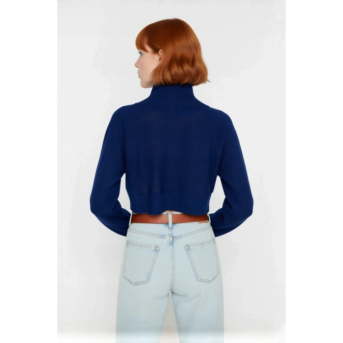 Kadın Ekru Oversize Süper Crop Dik Yaka Triko Kazak Düşük Kol Kışlık Güncel Moda Trendi Kaliteli