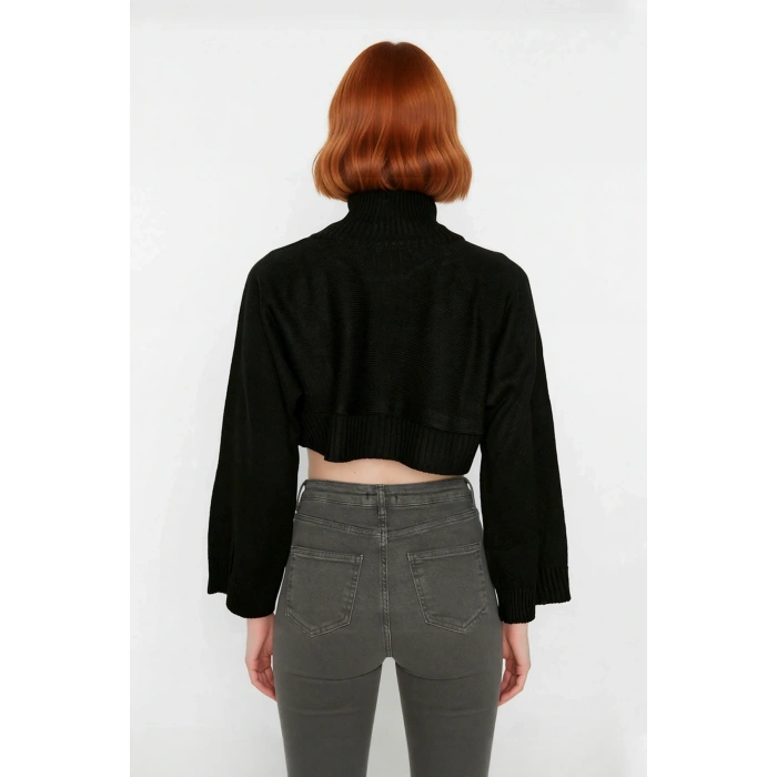 Kadın Ekru Oversize Süper Crop Dik Yaka Triko Kazak Düşük Kol Kışlık Güncel Moda Trendi Kaliteli