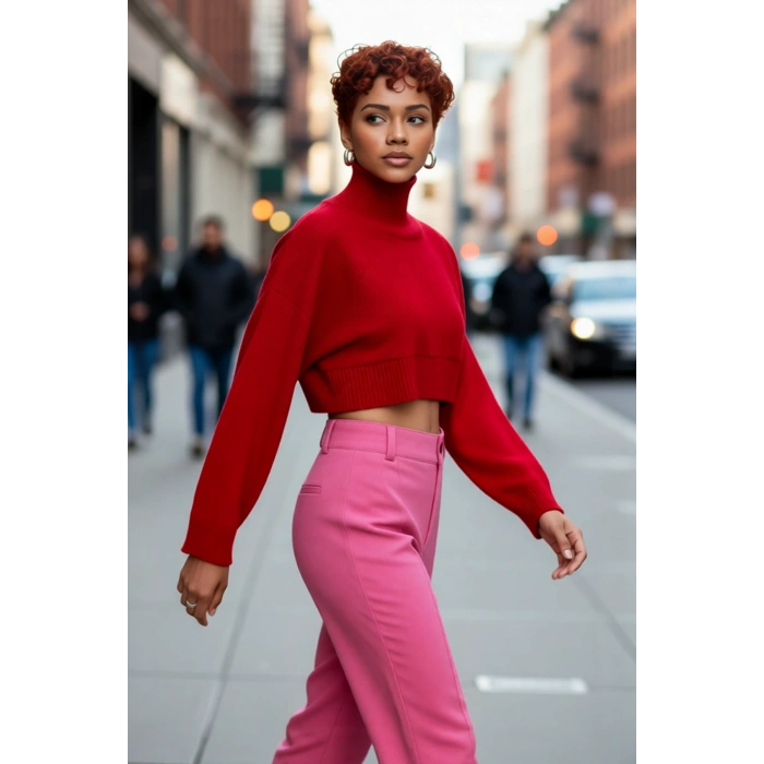 Kadın Ekru Oversize Süper Crop Dik Yaka Triko Kazak Düşük Kol Kışlık Güncel Moda Trendi Kaliteli