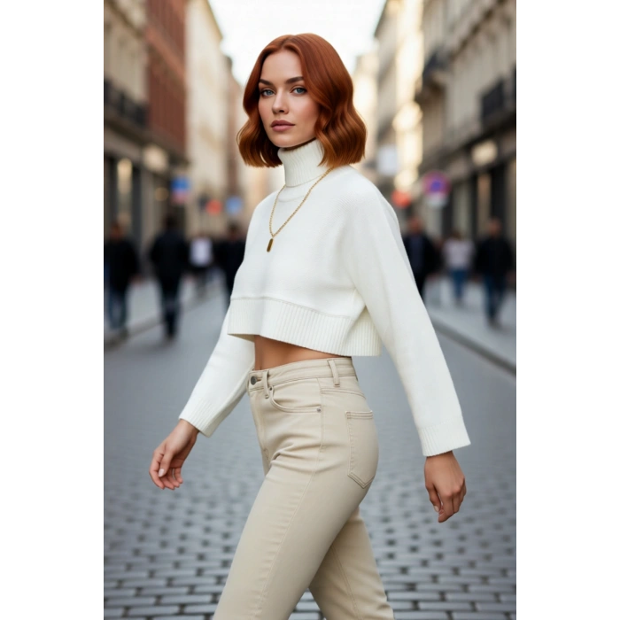 Kadın Ekru Oversize Süper Crop Dik Yaka Triko Kazak Düşük Kol Kışlık Güncel Moda Trendi Kaliteli