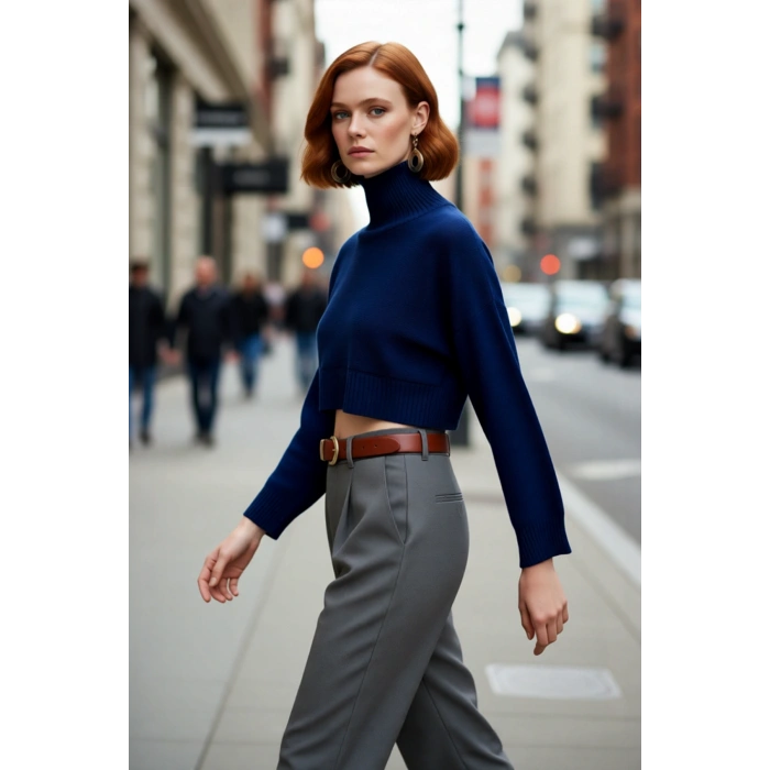 Kadın Ekru Oversize Süper Crop Dik Yaka Triko Kazak Düşük Kol Kışlık Güncel Moda Trendi Kaliteli