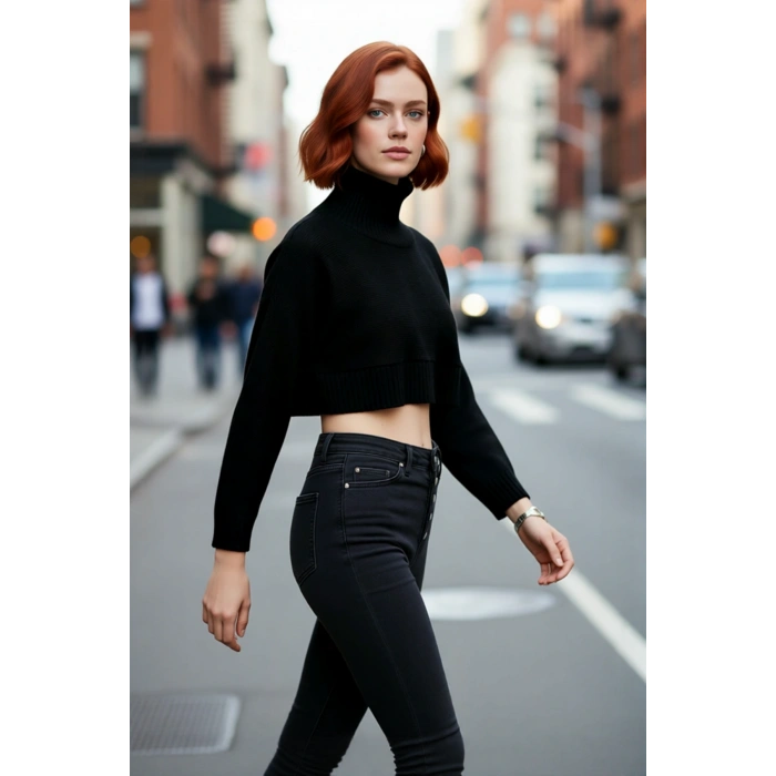 Kadın Ekru Oversize Süper Crop Dik Yaka Triko Kazak Düşük Kol Kışlık Güncel Moda Trendi Kaliteli