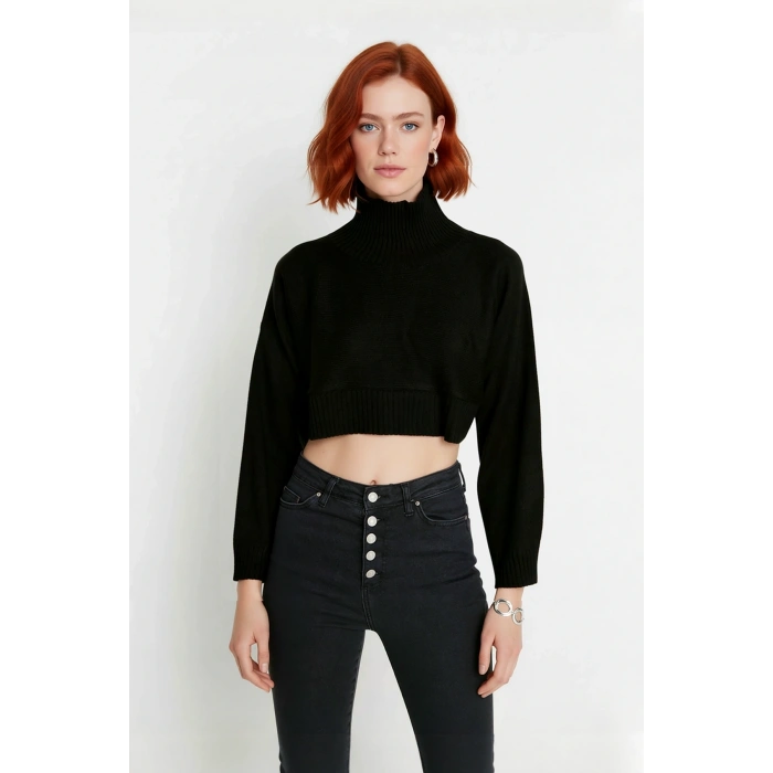 Kadın Ekru Oversize Süper Crop Dik Yaka Triko Kazak Düşük Kol Kışlık Güncel Moda Trendi Kaliteli