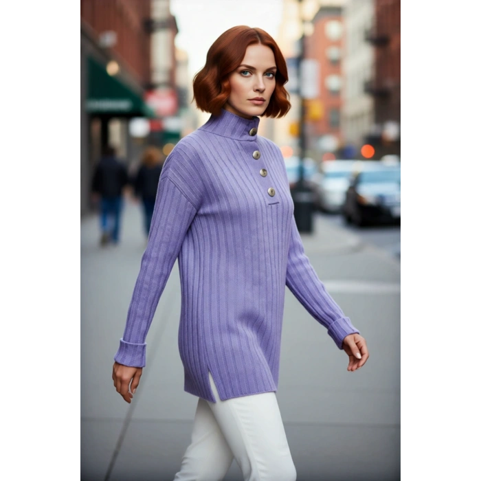 Kadın Ekru Rahat Kalıp Düz Desen Düğmeli Yaka Triko Kazak Sonbahar Kış Gardıropların Yıldızı