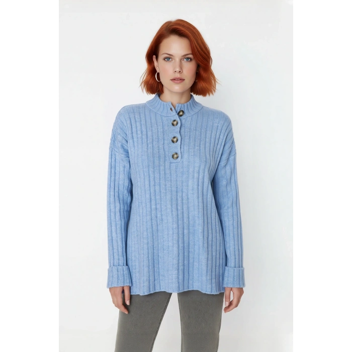 Kadın Ekru Rahat Kalıp Düz Desen Düğmeli Yaka Triko Kazak Sonbahar Kış Gardıropların Yıldızı