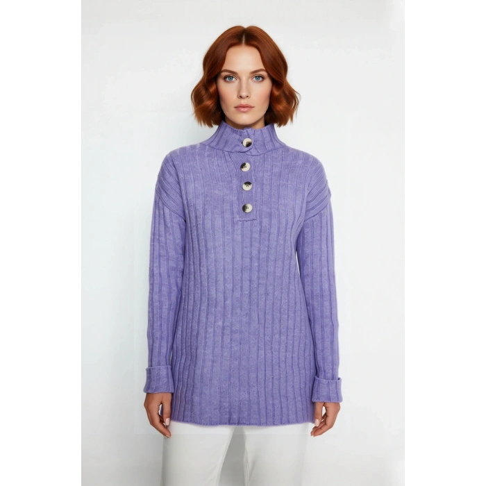 Kadın Ekru Rahat Kalıp Düz Desen Düğmeli Yaka Triko Kazak Sonbahar Kış Gardıropların Yıldızı