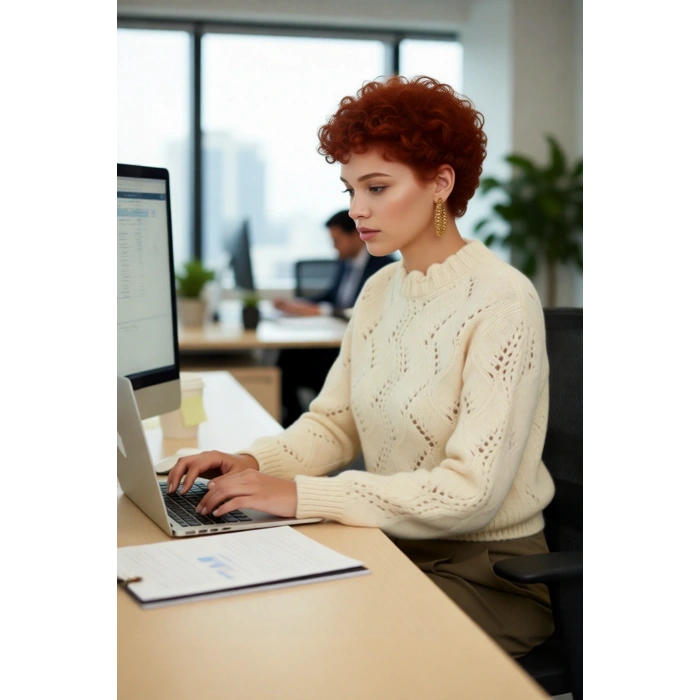 Kadın Ekru Regular Kalıp Ajurlu Dik Yaka Uzun Kollu Süper Crop Kalın Triko Kazak Günlük Şıklık