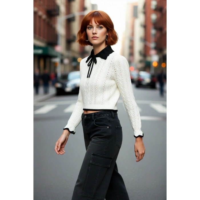 Kadın Ekru Regular Kalıp Ajurlu Triko Kazak Polo Yaka Kurdele Detaylı Şık Geçiş Mevsimleri İçin