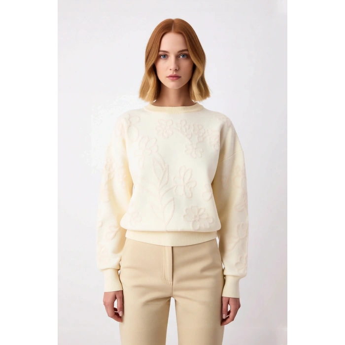 Kadın Ekru Regular Kalıp Bisiklet Yaka Çiçek Desenli Düşük Kol Triko Kışlık Kazak Günlük Şıklık İçin