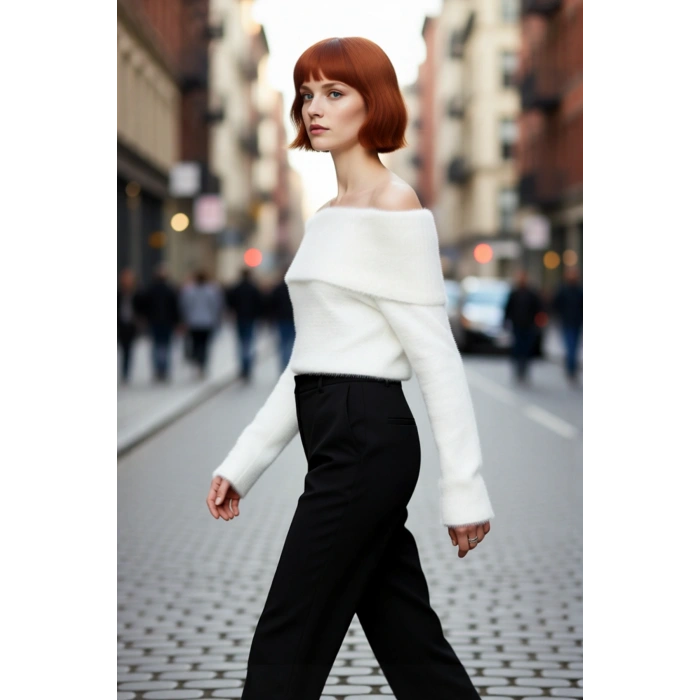 Kadın Ekru Regular Kalıp Carmen Yaka Tüylü Sakal İplikli Crop Triko Kazak Kış Sezonu Şıklığı