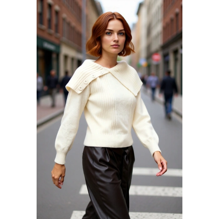 Kadın Ekru Regular Kalıp Devrik Yakalı Akrilik Triko Kazak Kışlık Günlük Şık Ve Rahat Giyim