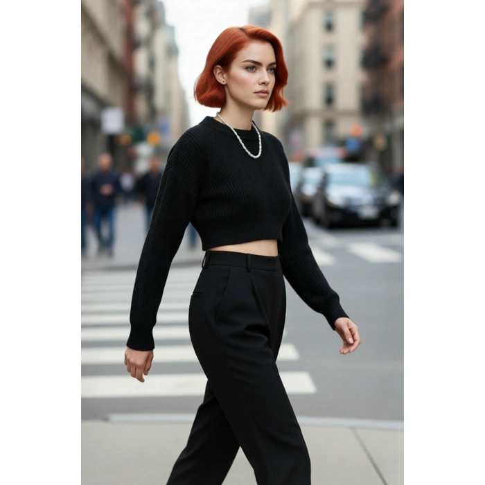 Kadın Ekru Regular Kalıp Düşük Kol Bisiklet Yaka Super Crop Basic Triko Kazak Günlük Şıklık