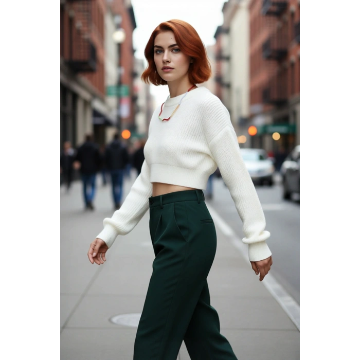 Kadın Ekru Regular Kalıp Düşük Kol Bisiklet Yaka Super Crop Basic Triko Kazak Günlük Şıklık