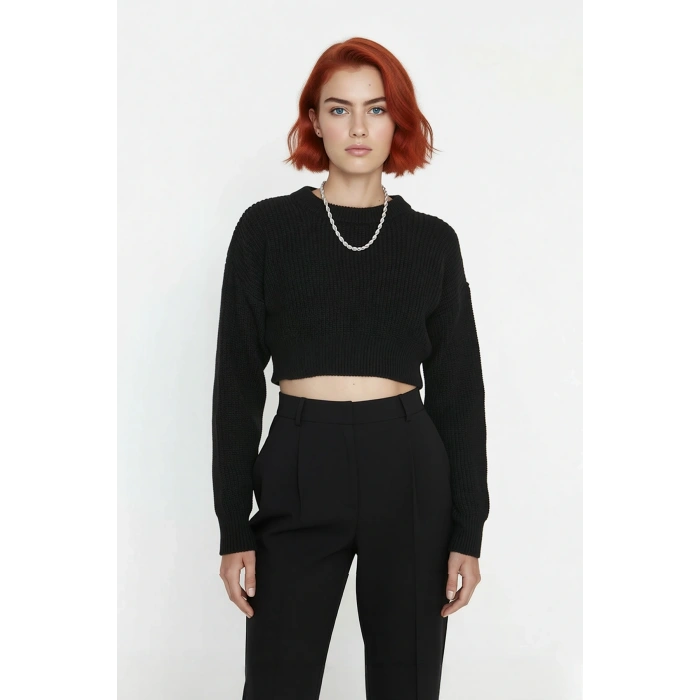 Kadın Ekru Regular Kalıp Düşük Kol Bisiklet Yaka Super Crop Basic Triko Kazak Günlük Şıklık