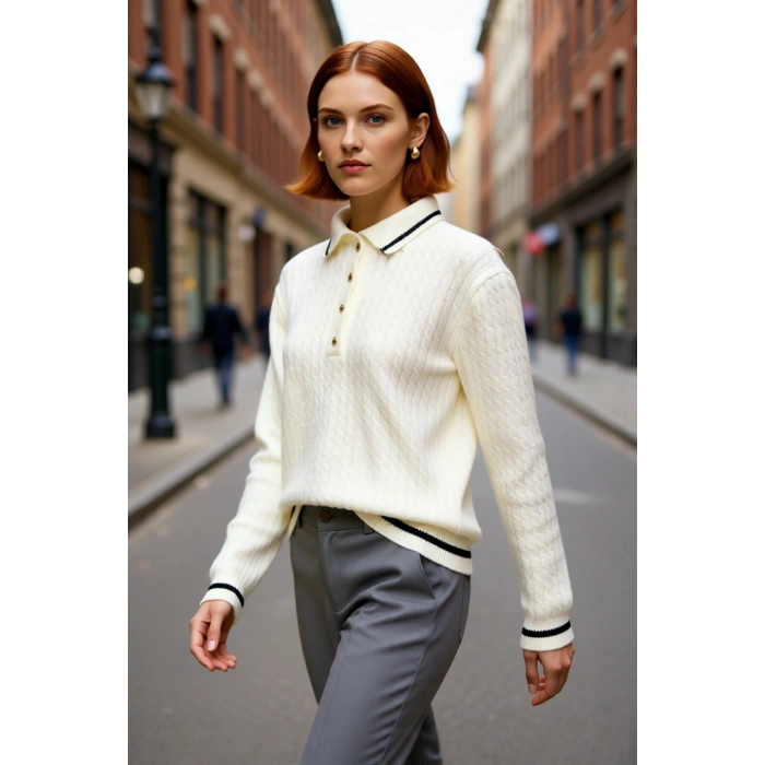 Kadın Ekru Regular Kalıp Polo Yaka Düşük Kol Renk Bloklu Orta Kalınlık Triko Kazak Günlük Şıklık