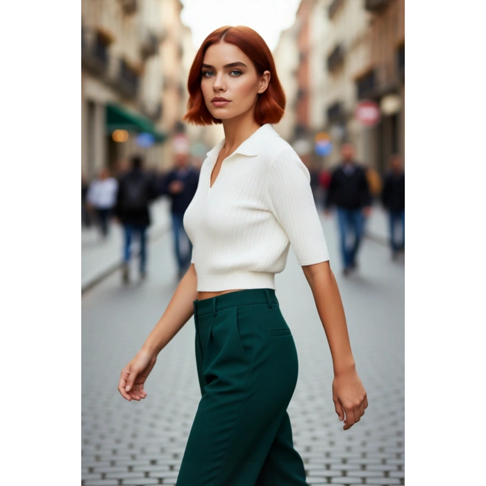 Kadın Ekru Regular Kalıp Polo Yaka Kısa Kollu Fitilli Triko Crop Bluz Günlük Kombinler İçin Şık