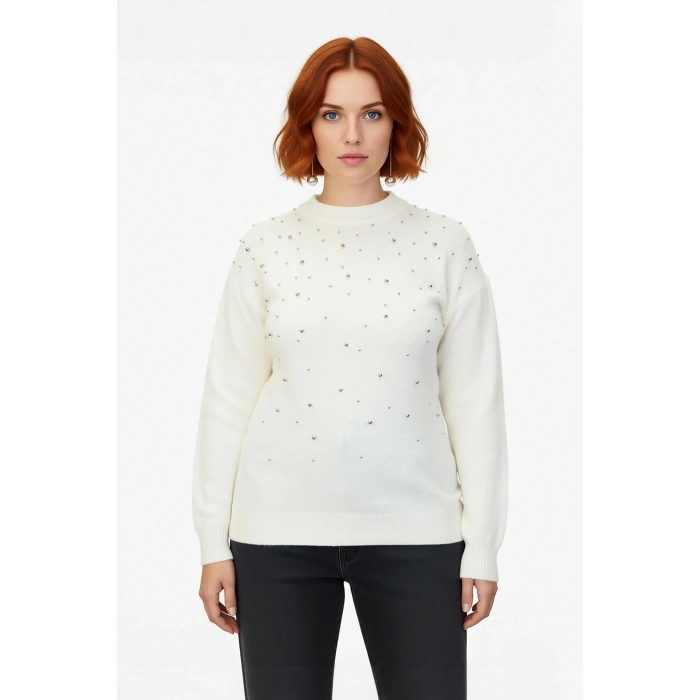 Kadın Ekru Regular Kalıp Trok Detaylı Düşük Kollu Bisiklet Yaka Orta Kalın Triko Kazak Kışlık