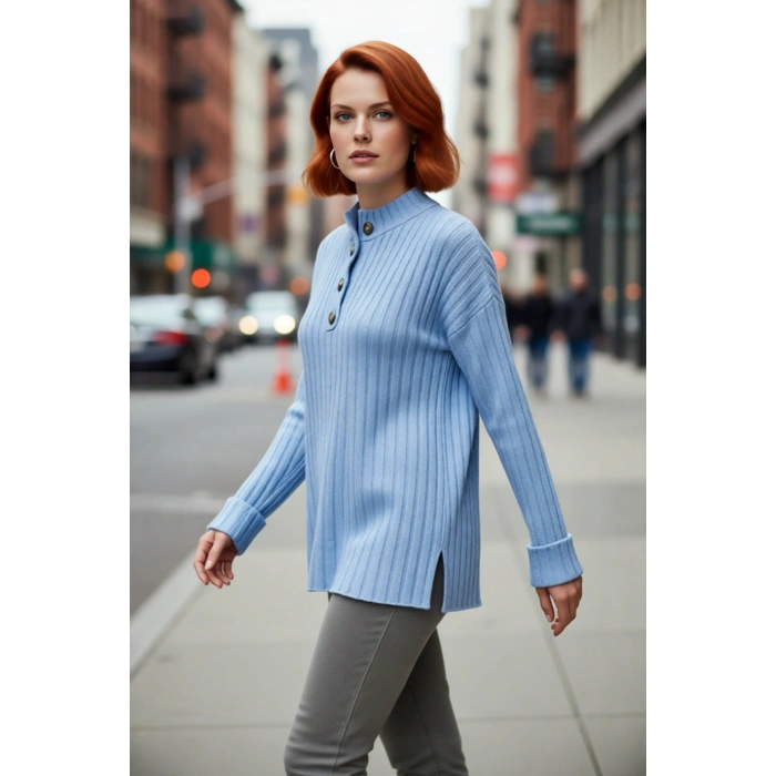 Kadın Ekru Relaxed Fit Düğmeli Yaka Düşük Kol Triko Kazak Kış Günleri İçin İdeal Şıklık Kaliteli