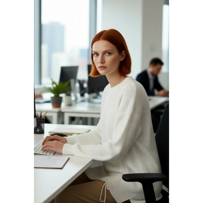 Kadın Ekru Relaxed Kalıp Düşük Kol Selanik Örgü Büzgü Detaylı Asimetrik Triko Kazak Kaliteli