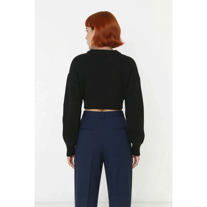 Kadın Ekru Super Crop Basic Triko Kazak Bisiklet Yaka Düşük Kol Rahat Günlük Kombinler İçin