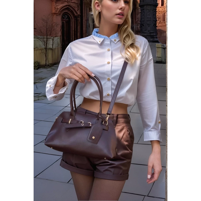 Kadın El ve Omuz Çantası Retro Tasarım Vegan Deri Altın Detaylar Günlük Kullanım Modern Stil